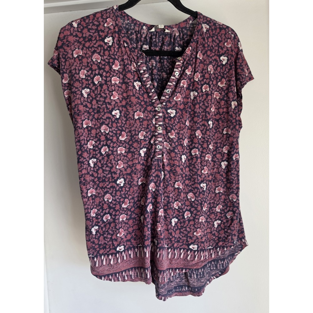 Lucky Brand Women M Floral Collared Short Sleeve Blouse Top Boho Shirt Tunic